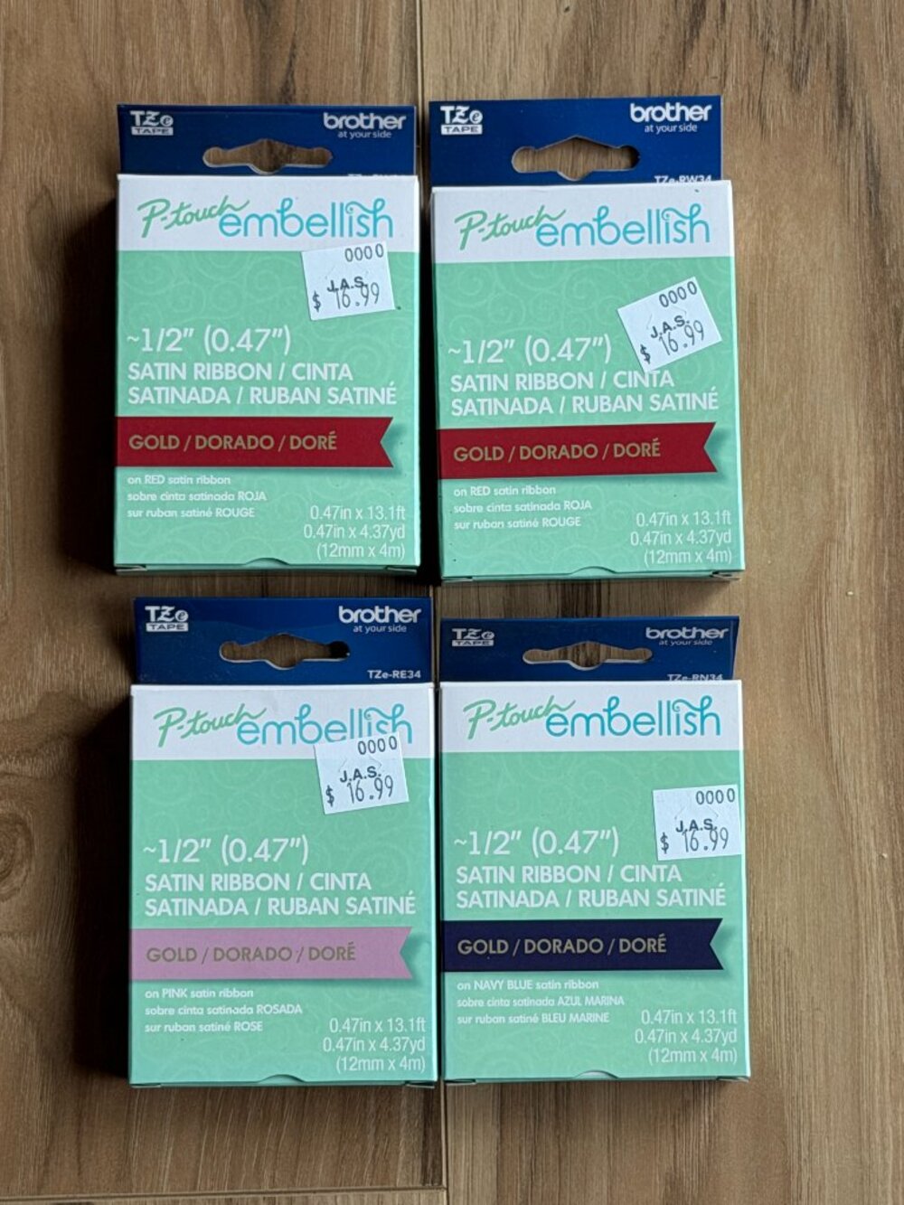 Brother‎ P-Touch Embellish Satin Ribbon 1/2" Gold / Red Pink Blue (LOT OF 4) NIB